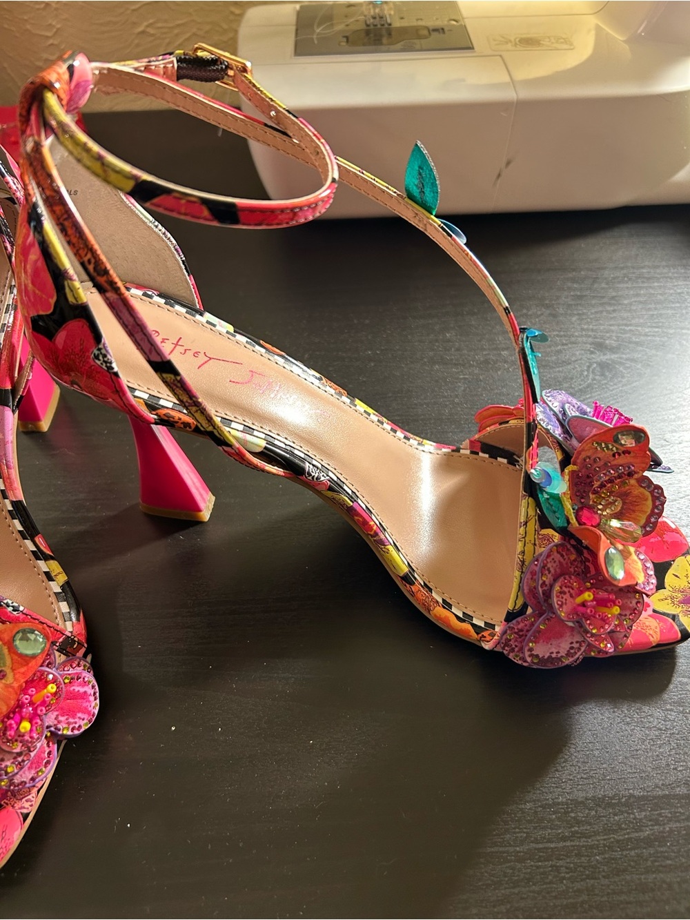 Betsey Johnson Multicolor Floral Embellished Ankle-Strap Heels - Picture 2 of 14